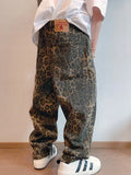 Nukty Autumn Tan Leopard Jeans Men Denim Pants Male Oversize Wide Leg Trousers Streetwear Hip Hop Vintage Loose Casual Animal Print