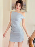 Nukty Elegant Solid Bodycon Evening Party Dresses Fashion Diagonal Collar Off Shoulder Prom Vestidos Summer Korean Female Clothing