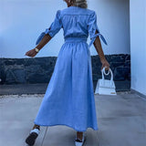 Nukty Women Deep V Neck Single-breasted Cardigan Thin Denim Dresses Lace-up Half Sleeve Dress Casual Fashion Female High Waist Gown