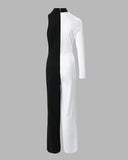 Nukty Colorblock One Shoulder Long Sleeve Jumpsuit Sexy Skinny Jumpsuit Women Sexys Female One-pieces New Fashion Rompers