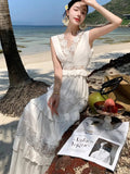 Nukty Elegant Hollow Out Womens Dresses French V-neck Sleeveless Party Long Dress Summer Spring Slim Waist A-line Beach Vestidos New