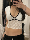 White Lace T Shirt Women Summer Sexy Bodycon Y2k Crop Tops Streetwear Grunge Aesthetic Korean Fashion See Through