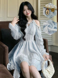 Nukty Women's Chic Irregular Ruffles Shell Decoration Mini Dress Autumn Winter Long Sleeve Off Shoulder Fairy Evening Sequin Vestidos