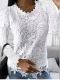 Nukty Women Lace Hollow T Shirt Top Fashion Round Neck Long Sleeve Office Lady Blouses Casual Vintage High Street Boho Tops All Season