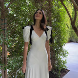 Nukty Elegant Temperament Bow Summer Casual Maxi Dresses V-Neck Y2K Slim Fit Long Dress Evening Party Office Holiday Vestidos