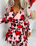 Nukty Autumn Spring New Fashion Casual Dresses for Women Elegant Sexy V-Neck Lace Long Sleeved Waist Cinching Dress for Women