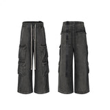 Nukty RO Style Gradient Ribbons Multi-pockets Drawstring Jeans for Men Harajuku Streetwear Baggy Y2K Denim Trousers Oversized Cargos