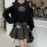 Nukty Kawaii Gothic Lolita Plaid Skirt Women Goth Bow Black High Waist A-line Mini Skirts Japanese Style Harajuku Soft Girl