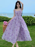 Nukty Summer Floral Print Womens Dresses French Vintage Sleeveless Ruffles Birthday Party Dress Slim Waist A-line Vestidos Female Robe