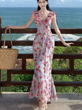 Nukty French Print Ruffles Princess Romantic Fairy Women's Dresses V-Neck Sleeeless Slim Wasit Length Dress Beach Vacation Summer