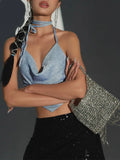Nukty  Sexy Backless Halter Tops Women Summer Blue Bright Silk Female Camis Y2K Fashion Lace-Up Slim Ruched Crop Vests