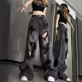 Nukty Unique Cool Ripped Jeans Women's Summer Distressed American Style Bell Bottoms Loose Fit Versatile Straight Leg Long Pants