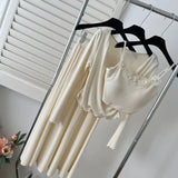 Nukty Korean Elegant Knitted Women's 3 Pieces Set V-Neck Long Sleeves Pullover Top + Spaghetti Strap Vest + Loose A-Line Skirt Suits