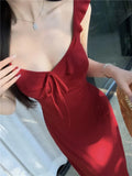 Nukty Sexy Korean Chic Ruffles Midi Dress Red Elegant Lace-up Backless Slim Wasit Flying Sleeves Women's Dress Basics Office Lady New