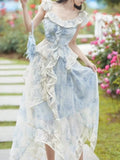 Nukty Sky Blue Chiffon Print Vintage Womern's Two Pieces Set Romantic Ruffles Top Lace Embroidery Asymmetrical Skirt Suit Fashion Lady