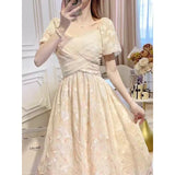 Nukty Summer New Chic Printing Dress Women's Clothing Fashion V-Neck Slim Medium Long Short Sleeve Sweet Y2k Evening Dresses