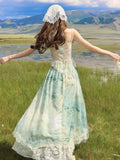 Nukty Summer Sweet Ruffles Fairy Skirt Suits Elegant Lace Patchwork Sleeveless Top Casual Long Skirt Womens Two Pieces Set New Outfits