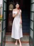 Nukty Women Elegent White Party Prom Midi Dress Summer New French Female Sexy Fashion Slim Off Shoulder Pleated Clothes Vestidos