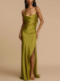 Nukty Women Summer Slit Suspender Satin Dress Sexy Backless Holiday Beach Green Maxi Dress Slim Female Sleeveless Solid Dresses