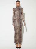 Nukty Leopard Print Long Sleeve Sexy Maxi Dress For Women Autumn Winter Fashion Elegant Turtleneck Printed Bodycon Long Dress