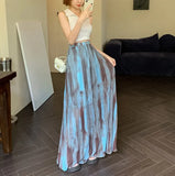 Nukty Boho Vintage Long Skirts for Women Tie Dye Printed A-line Female Elegant Skirt Ladies Holiday Mid-length Maxi Skirt