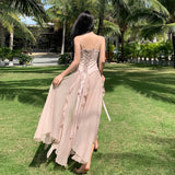 Nukty Maxi Long Dresses for Women New Summer Elegant Spaghetti Strap Slim Split Ruffle Female Clothes Beach Holiday Bandage Dress