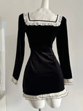 Nukty Y2K Sweet Velvet Womens Dresses French Patchwork Princess Flare Long Sleeves Birthday Party Mini Dress Female Short Vestidos New