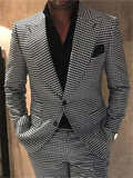 Nukty 2 Piece Plaid Men Suits for Wedding Houndstooth Checkered Groom Tuxedos Male Fashion Clothes Costumes Set Jacket with Pants