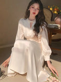 Nukty Spring New Elegant French Satin Vintage Midi Dress Office Lady Lace-up Long Sleeves Slim Wasit Korean Chic Vestidos Basics