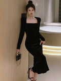 Nukty Elegant Solid Velvet Mermaid Dress for Women Vintage Chic Square Collar Bodycon Evening Party Dresses Female Slim Vestidos Mujer