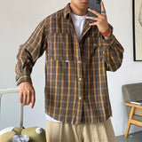 Nukty Spring Autumn Korean Style Casual High Quality Khaki Plaid Shirt Men Clothing Harajuku Coats Japanese Streetwear Vintage Clothes