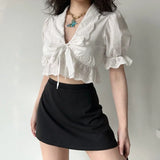 Nukty Ruffle White Shirt Women Crop Top Sexy Hollow Out Elegant Puff Sleeve V-neck Bow Lace-up Blouses Summer Cute Short Shirt