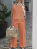 Nukty Simple Cotton Linen Women's Suits Summer Fashion Sleeveless Loose Blouse Wide Leg Pants Two Piece Set For Women Casual Outfits