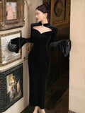 Nukty DRESS TO IMPRESS Temperament Dresses Women Hollow Out Flare Long Sleeve French Style Chic Hollow Out Velvet Dress Sexy Vintage Party