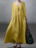 Nukty Autumn Long Sleeve V-Neck Mid-Calf Length Sundress Women Solid Color Baggy Dress Pure Cotton Holiday Loose Dresses