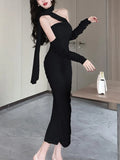Nukty Fashion Sexy Halter Pleated Party Dress for Women Vintage Elegant Autumn Strapless Birthday Ladies Bodycon Split Vestidos Mujer
