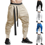 Nukty Summer Solid Color Elastic Waist Ankle Length Pants Man High Street Casual Loose Pockets Jacquard Weave All-match Haren Pants