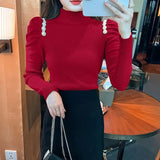 Nukty Pearls Puffe Sleeve Knit Sweater Women Autumn Winter Pleated Slim Fit Knitwear Woman Half High Neck Pullovers Female