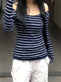 Nukty  Sexy Off Shoulder Long-Sleeve Women T Shirt Vintage Stripes Slim All-Match Tops Y2K Spring Korean Streetwear Casual Female Tees