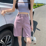 Nukty Summer New Korea Fashion Loose Women Jeans Shorts Purple Pink High Waist Straight Pockets Female Wide Short Pants