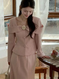Nukty DRESS TO IMPRESS Insozkdg Spring Autumn French Style Pink Tweed Blazer + Mermaid Skirt Two-Piece Sets Women Female Office Lady Skirts Suits New