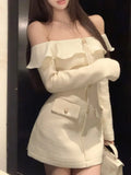 Nukty Sweet Tweed Mini Dresses for Women Elegant Slash Neck Long Sleeves Birthday Party Evening Robe Korean Slim Waist Vestidos Mujer