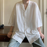 Nukty Spring Summer Casual Simple Men's Solid Pleated Blouse Lapel Short Sleeve Streetwear Male Loose Leisure Shirts Men Clothing