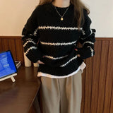 Nukty Women Mock Neck Thicken Warm Sweater Long Sleeve Stripe Knit Oversize Pullovers O-Neck Loose Casual Sweater Women Winter