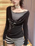 Nukty  Punk Harajuku Striped T Shirts Black Y2K Vintage Gothic Graphic Patchwork Top Grunge Retro Patchwork Street Long Sleeve Tees