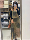 Vintage Double-Layer Mesh Printed Maxi Dresses For Women Grunge Gothic Spaghetti Strap Vestidos Korean Style Sheer Dress