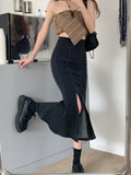 Nukty Black Denim Long Skirt Women Vintage High Waist Split Bodycon Ruffles Pencil Mermaid Midi Skirt Summer Japanese Fashion