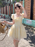 Nukty French Elegant Y2K New Preppy Style Mini Dress Sweet Yellow Lace Puff Sleeves Square-Collar A-Line Slim Wasit Woman Dresses