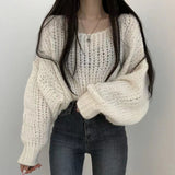 Nukty FALL OUTFITS Autumn Women Hollow Out Solid Sweater Lantern Sleeve O-Neck Knitted Pullovers For Women Winter Casual Loose Sweater