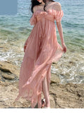 Nukty Mesh Strap Long Dress Women Elegant Pink Slash Neck Backless Ruffles Ladies Casual Beach Sexy Dresses